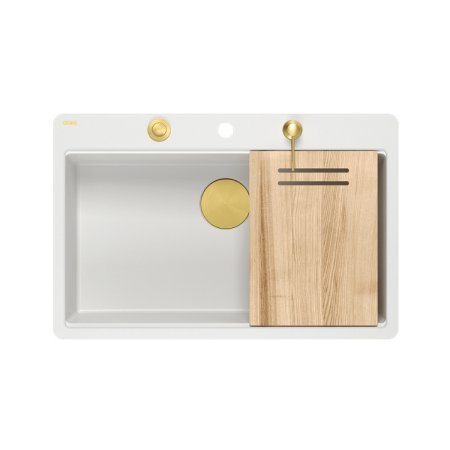 Quadron Marc 110 FM Zestaw zlewozmywak granitowy jednokomorowy 75x49 cm + syfon + dozownik + deska biały/złoty HQM7650U1_FM_PVDG1