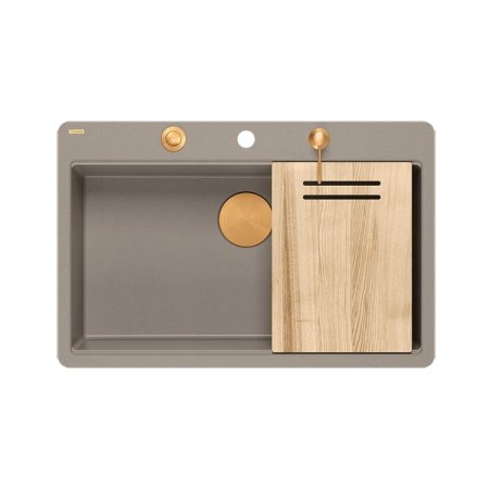 Quadron Marc 110 FM Zestaw zlewozmywak granitowy jednokomorowy 75x49 cm + syfon + dozownik + deska szarobeżowy/miedziany HQM7650U4_FM_PVDC1