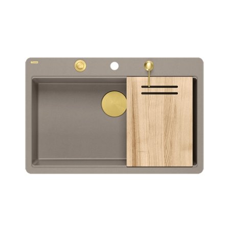 Quadron Marc 110 FM Zestaw zlewozmywak granitowy jednokomorowy 75x49 cm + syfon + dozownik + deska szarobeżowy/złoty HQM7650U4_FM_PVDG1