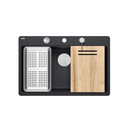 Quadron Marc 110 FM Zestaw zlewozmywak granitowy jednokomorowy 75x49 cm + syfon + dozownik + deska + wkładka ociekowa czarny mat/stal szczotkowana HQM7650U7_FM_BS