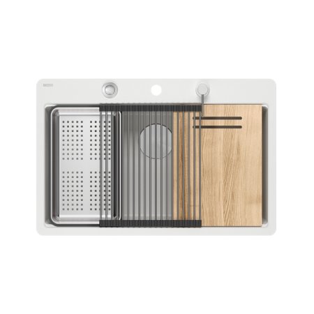 Quadron Marc 110 FM Zestaw zlewozmywak granitowy jednokomorowy 75x49 cm + syfon + dozownik + deska + wkładka ociekowa + qmata biały/stal szczotkowana HQM7650U1_FM_BS
