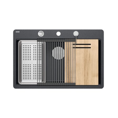 Quadron Marc 110 FM Zestaw zlewozmywak granitowy jednokomorowy 75x49 cm + syfon + dozownik + deska + wkładka ociekowa + qmata grafit/stal szczotkowana HQM7650U8_FM_BS