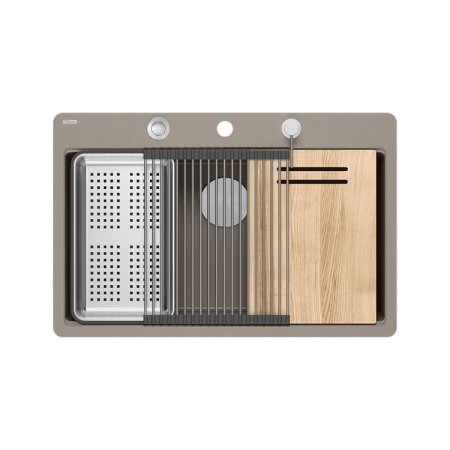 Quadron Marc 110 FM Zestaw zlewozmywak granitowy jednokomorowy 75x49 cm + syfon + dozownik + deska + wkładka ociekowa + qmata szarobeżowy/stal szczotkowana HQM7650U4_FM_BS