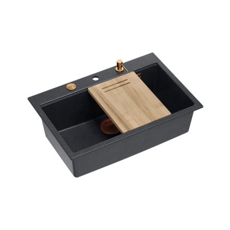 Quadron Marc 110 Zestaw Zlewozmywak granitowy jednokomorowy 76x50 cm + syfon + dozownik + deska black diamond/elementy miedziane PVD HQM7650U8_PVDC1