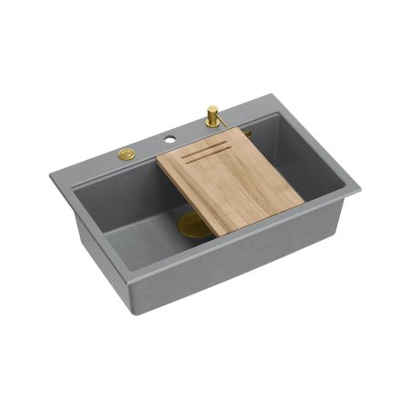 Quadron Marc 110 Zestaw Zlewozmywak granitowy jednokomorowy 76x50 cm + syfon + dozownik + deska silver stone/elementy miedziane PVD HQM7650U5_PVDG1