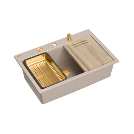 Quadron Marc 110 Zestaw Zlewozmywak granitowy jednokomorowy 76x50 cm + syfon + dozownik + wkładka ociekowa + deska beżowy pearl beige/miedziany PVD HQM7650U2_PVDC1