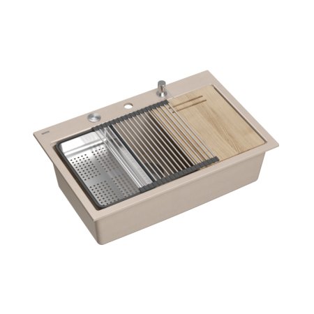 Quadron Marc 110 Zestaw Zlewozmywak granitowy jednokomorowy 76x50 cm + syfon + dozownik + wkładka ociekowa + deska + qmata beżowy pearl beige/stalowy HQM7650U2_BS