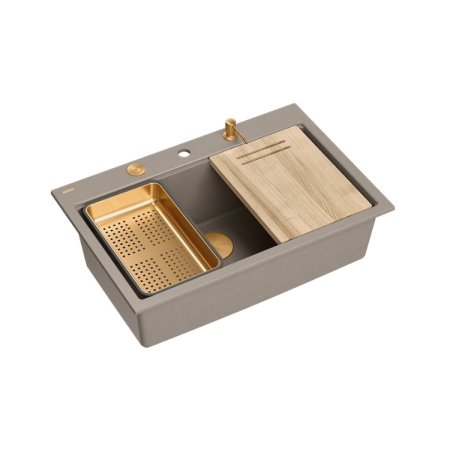 Quadron Marc 110 Zestaw zlewozmywak granitowy jednokomorowy 76x50 cm + syfon + dozownik + wkładka ociekowa + deska szarobeżowy/miedziany HQM7650U4_PVDC1