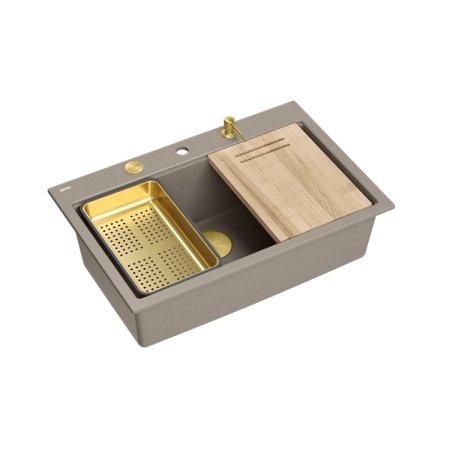 Quadron Marc 110 Zestaw zlewozmywak granitowy jednokomorowy 76x50 cm + syfon + dozownik + wkładka ociekowa + deska szarobeżowy/złoty HQM7650U4_PVDG1