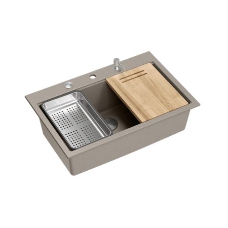 Quadron Marc 110 Zestaw zlewozmywak granitowy jednokomorowy 76x50 cm + syfon + dozownik + wkładka ociekowa + Qmata+ deska szarobeżowy/stal szczotkowana HQM7650U4_BS