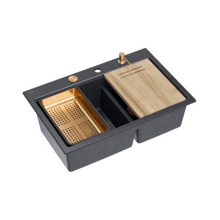 Quadron Marc 120 Zestaw Zlewozmywak granitowy dwukomorowy 76x50 cm + syfon + deska + wkładka ociekowa czarny black diamond/miedziany PVD HQC7650U8_PVDC1