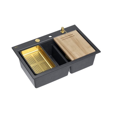Quadron Marc 120 Zestaw Zlewozmywak granitowy dwukomorowy 76x50 cm + syfon + dozownik + deska + wkładka ociekowa czarny black diamond/złoty PVD HQC7650U8_PVDG1