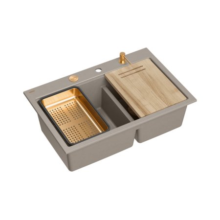 Quadron Marc 120 Zestaw Zlewozmywak granitowy dwukomorowy 76x50 cm + syfon + dozownik + deska + wkładka ociekowa beżowy soft taupe/miedziany PVD HQC7650U4_PVDC1