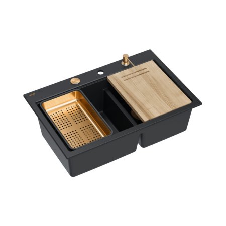 Quadron Marc 120 Zestaw Zlewozmywak granitowy dwukomorowy 76x50 cm + syfon + dozownik + deska + wkładka ociekowa czarny pure carbon/miedziany PVD HQC7650U7_PVDC1