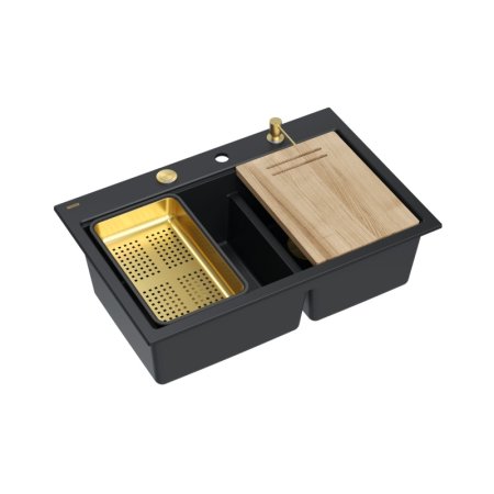 Quadron Marc 120 Zestaw Zlewozmywak granitowy dwukomorowy 76x50 cm + syfon + dozownik + deska + wkładka ociekowa czarny pure carbon/złoty PVD HQC7650U7_PVDG1