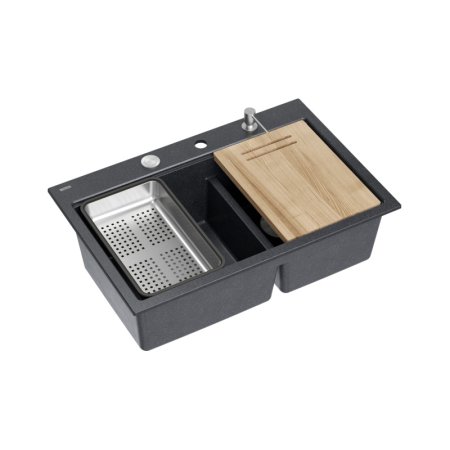 Quadron Marc 120 Zestaw Zlewozmywak granitowy dwukomorowy 76x50 cm + syfon + dozownik + deska + wkładka ociekowa + qmata czarny black diamond/stalowy HQC7650U8_BS