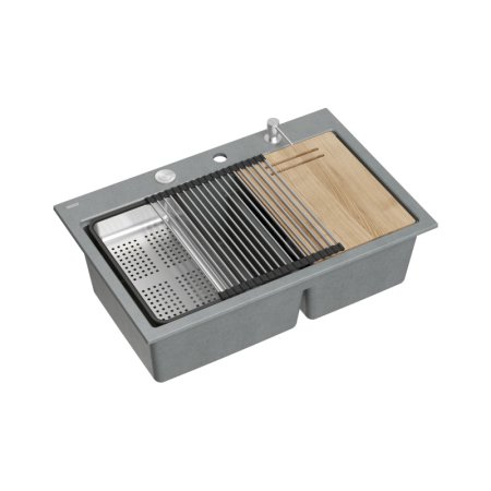 Quadron Marc 120 Zestaw Zlewozmywak granitowy dwukomorowy 76x50 cm + syfon + dozownik + deska + wkładka ociekowa + qmata szary silver stone/stalowy HQC7650U5_BS