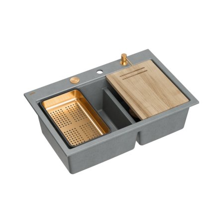 Quadron Marc 120 Zestaw Zlewozmywak granitowy dwukomorowy 76x50 cm + syfon + dozownik + deska + wkładka ociekowa szary silver stone/miedziany PVD HQC7650U5_PVDC1