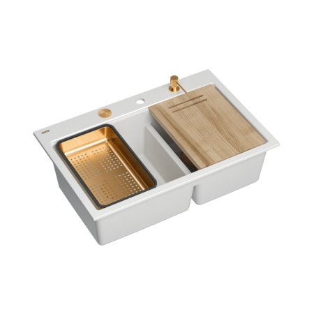 Quadron Marc 120 Zestaw Zlewozmywak granitowy dwukomorowy 76x50 cm + syfon + dozownik + deska + wkładka ociekowa biały snow white/miedziany PVD HQC7650U1_PVDC1