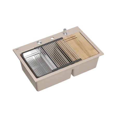 Quadron Marc 120 Zestaw Zlewozmywak granitowy dwukomorowy 76x50 cm + syfon + dozownik + deska + wkładka ociekowa + qmata beżowy pearl beige/stalowy HQC7650U2_BS