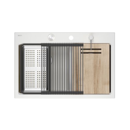 Quadron Marc 120 Zestaw Zlewozmywak granitowy dwukomorowy 76x50 cm + syfon + dozownik + deska + wkładka ociekowa + qmata biały snow white/stalowy HQC7650U1_BS