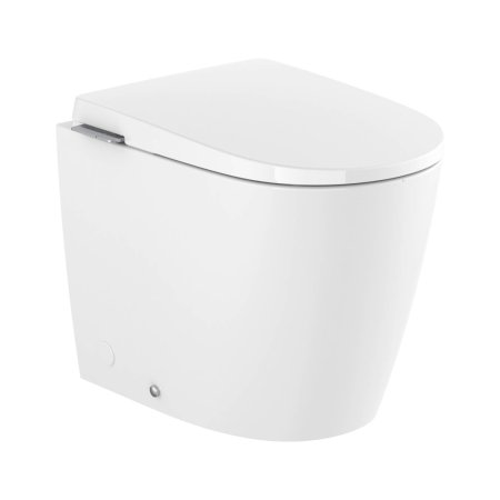 Roca Avant Zestaw Toaleta WC stojąca 56,5x38,5 cm Rimless Vortex bez kołnierza spłukiwanie wirowe ze zintegrowanym zbiornikiem In-Tank wewnętrzne podłączenie wody zasilanie 230 V + deska wolnoopadająca biały z powłoką Supraglaze A80336MS00