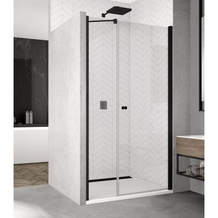Ronal Sanswiss Solino Black SOL31 Drzwi prysznicowe wahadłowe 90x200 cm ze ścianką stałą, profile czarny mat szkło przezroczyste Aquaperle SOL3109000607
