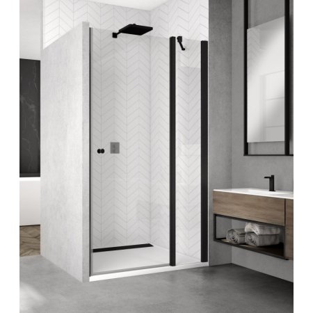 Ronal Sanswiss Solino Black SOL13 Drzwi prysznicowe uchylne 90x200 cm ze ścianką stałą, profile czarny mat szkło przezroczyste Aquaperle SOL1309000607