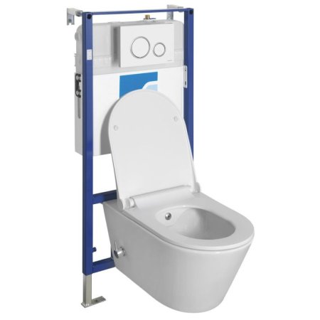 Sapho Avva Cleanwash Zestaw toaleta WC myjąca bez kołnierza + deska wolnoopadająca + stelaż podtynkowy WC +  przycisk WC biały 100315-SET5