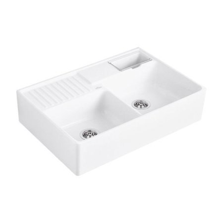 Villeroy&Boch Sink Unit Zlewozmywak ceramiczny farmerski 2-komorowy CeramicPlus 89,5x63 cm z korkiem pop-up, podblatowy, bez ociekacza, biały Stone White 632392RW