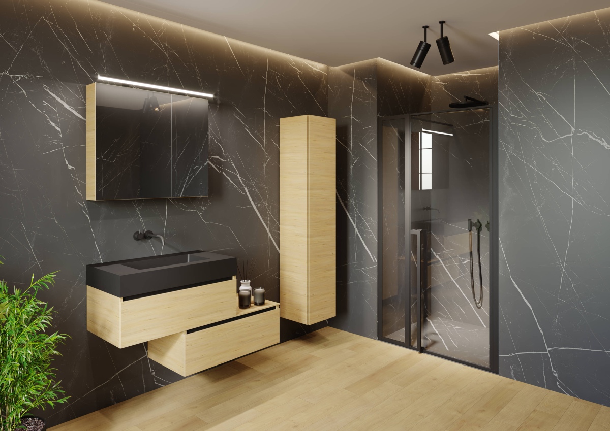 Riho Lucid Drzwi prysznicowe wnękowe profile czarne szkło przezroczyste