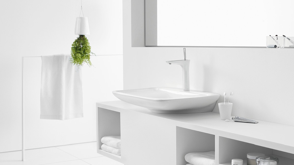 hansgrohe puravida aranżacja z białą baterią, białe baterie hansgrohe puravida, biała bateria do łazienki hansgrohe puravida