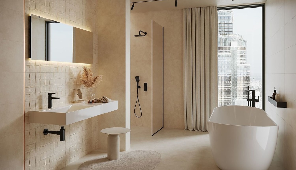 Łazienka z czarnymi dodatakmi - www.Łazienkarium.pl łazienka z czarnymi dodatkami, biała łazienka z drewnem i czarnymi dodatkami, ciemna łazienka inspiracje, łazienka szaro-czarna, mała czarna łazienka