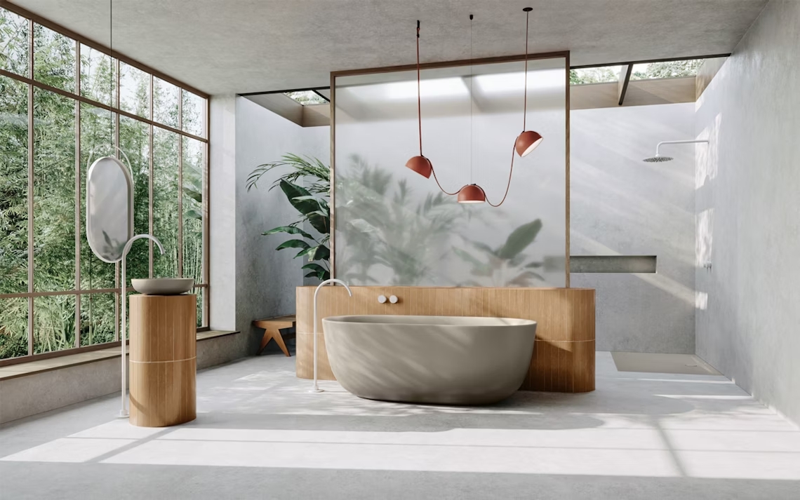 Wanna wolnostojąca Kaldewei w łazience z mikrocementem - www.Łazienkarium.pl betonowa łazienka, mikrocement w łazience, mikrocement do łazienki, mikrocement łązienka kolory