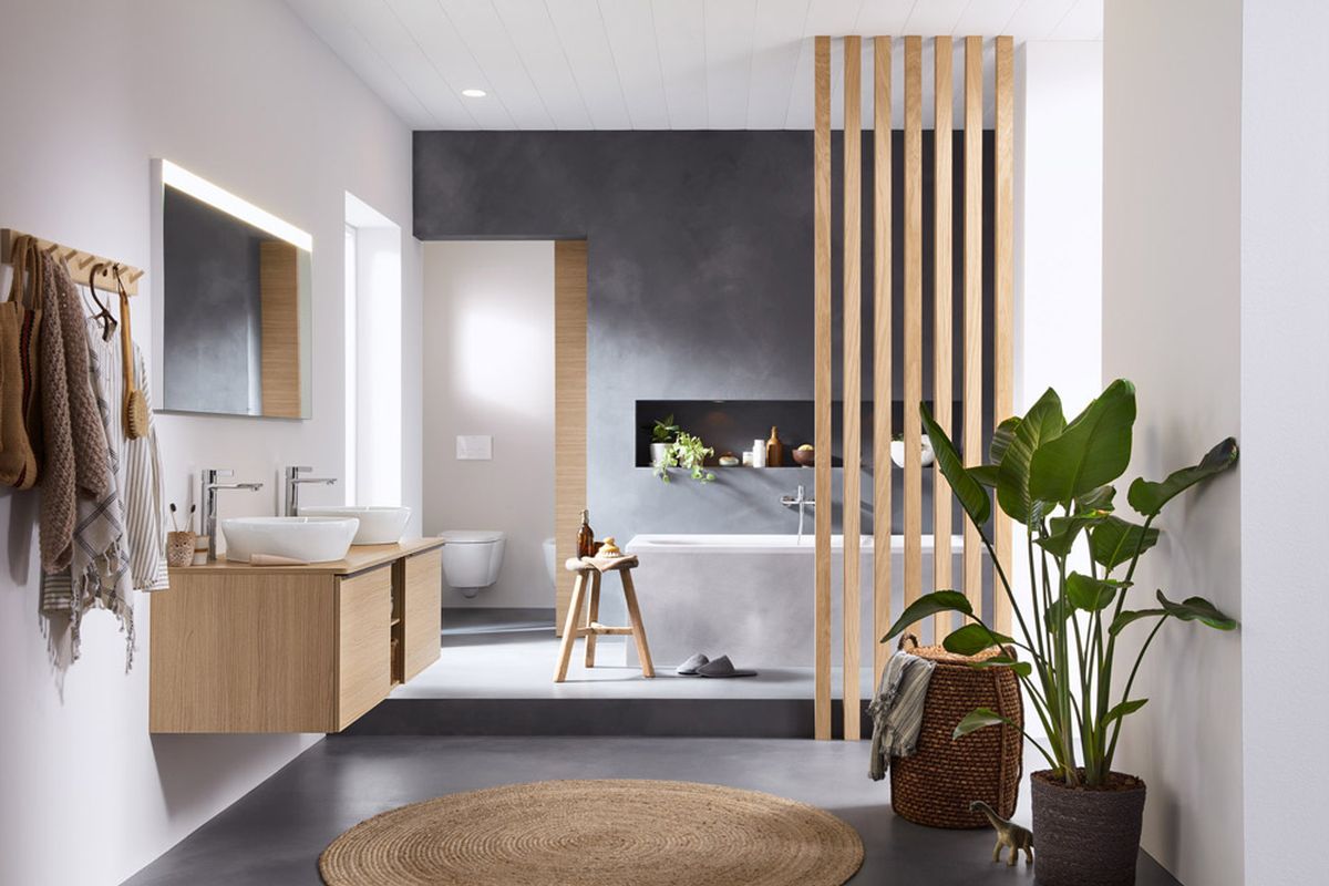 Umywalka nablatowa, wanna Duravit D-Neo w łazience z mikrocementem - www.Łazienkarium.pl betonowa łazienka, mikrocement w łazience, mikrocement do łazienki, mikrocement łązienka kolory