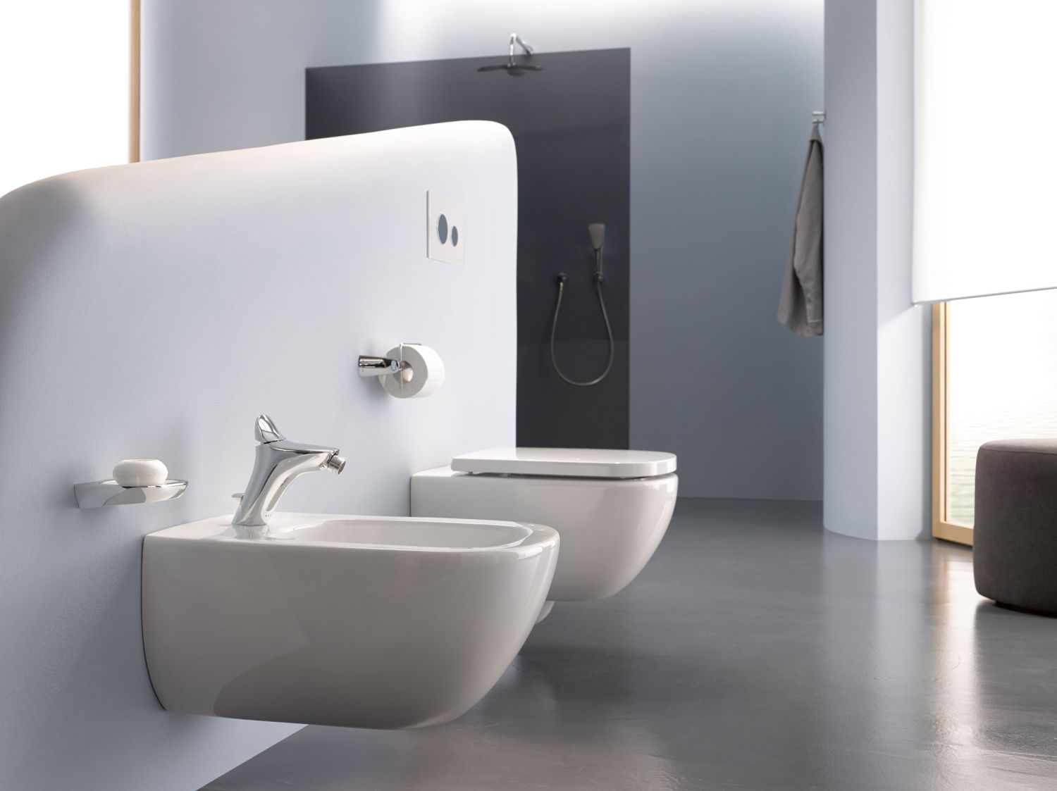 Kludi w łazience z mikrocementem - www.Łazienkarium.pl betonowa łazienka, mikrocement w łazience, mikrocement do łazienki, mikrocement łązienka kolory
