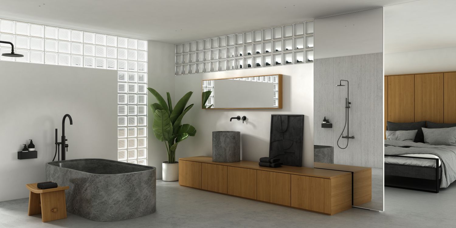 Baterie Kohlman Axel w łazience z mikrocementem na podłodze - www.Łazienkarium.pl betonowa łazienka, mikrocement w łazience, mikrocement do łazienki, mikrocement łązienka kolory