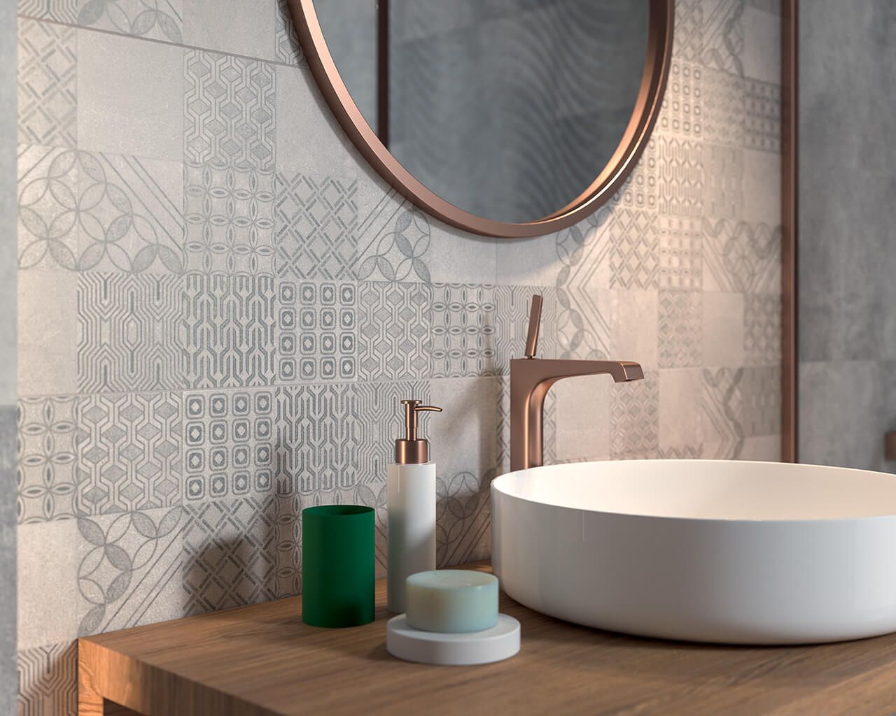 Strefa umywalki wykończona płytkami ceramicznymi patchworkowymi - www.Łazienkarium.pl płytki patchworkowe za umywalką, płytki patchworkowe przy umywalce
