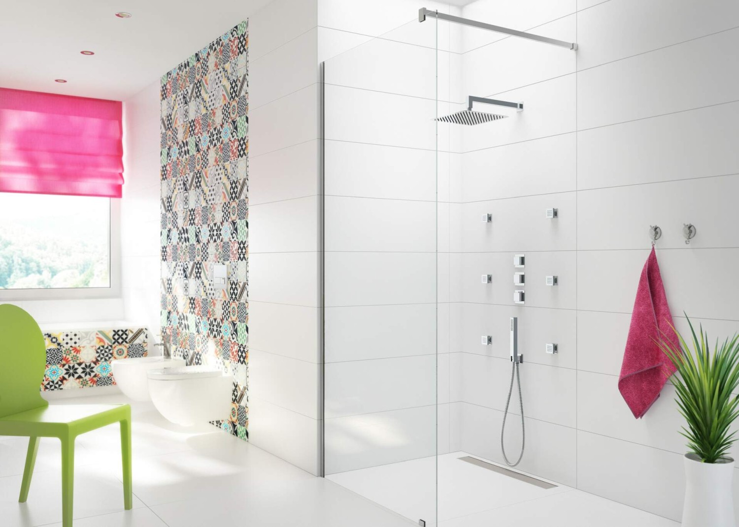 Ozdobna ściana z płytek patchworkowych w łazience - www.Łazienkarium.pl ozdobne płytki patchworkowe, ozdobne płytki patchwork, płytki patchwork ozdobne