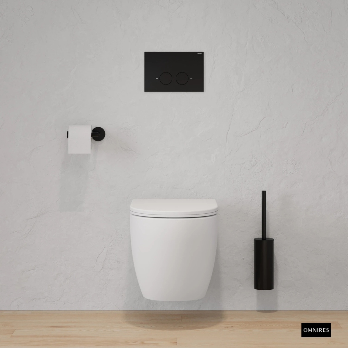 OMNIRES FLUSH SET Stelaż podtynkowy STRONGFRAME z przyciskiem czarny mat oraz toaleta podwieszaną bez kołnierza białą