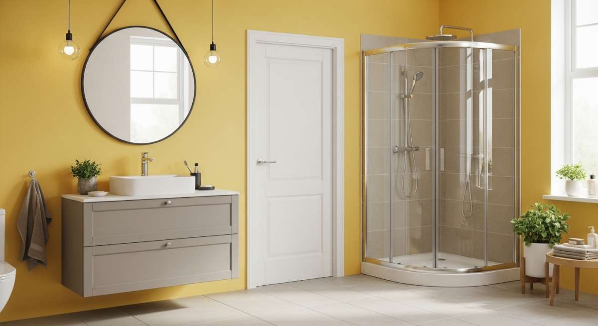 żółte ściany w łazience z lustrem