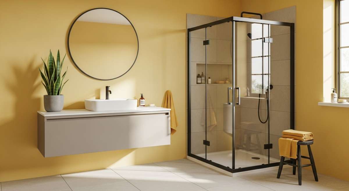 żółte ściany w łazience z lustrem i czarna kabina