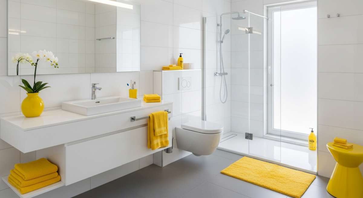 białe ściany w łazience z lustrem