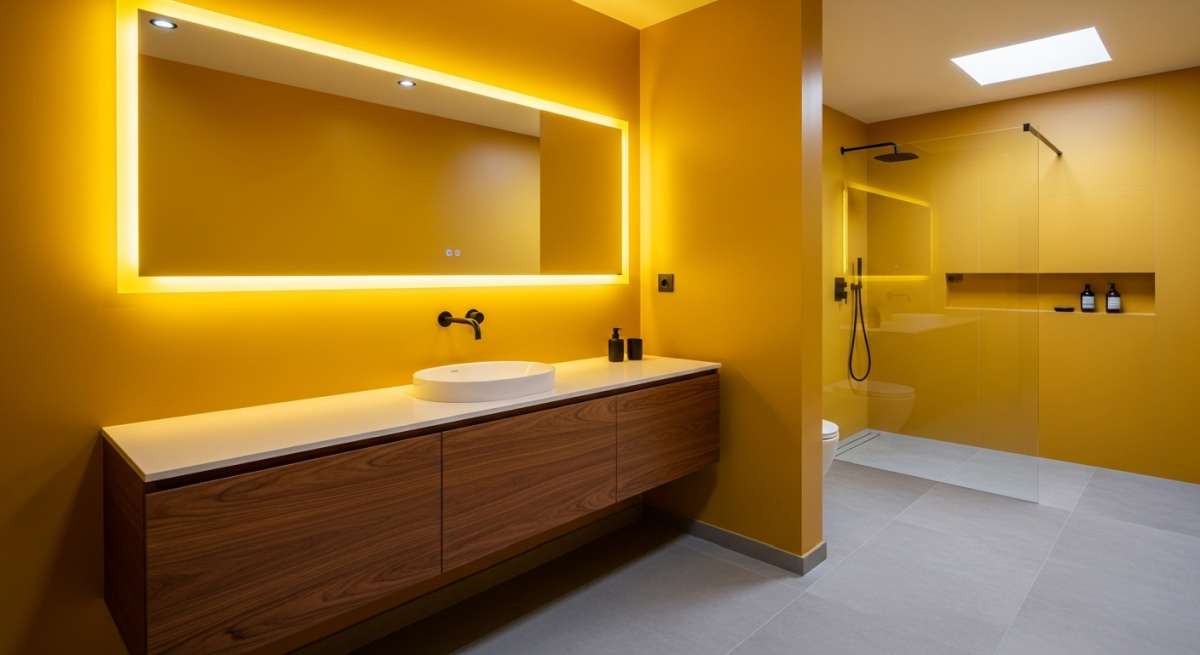 żółte ściany w łazience z lustrem