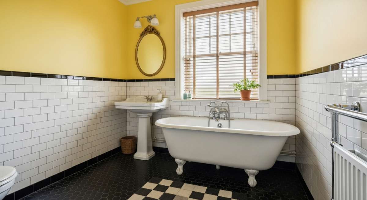 żółte ściany w łazience z lustrem