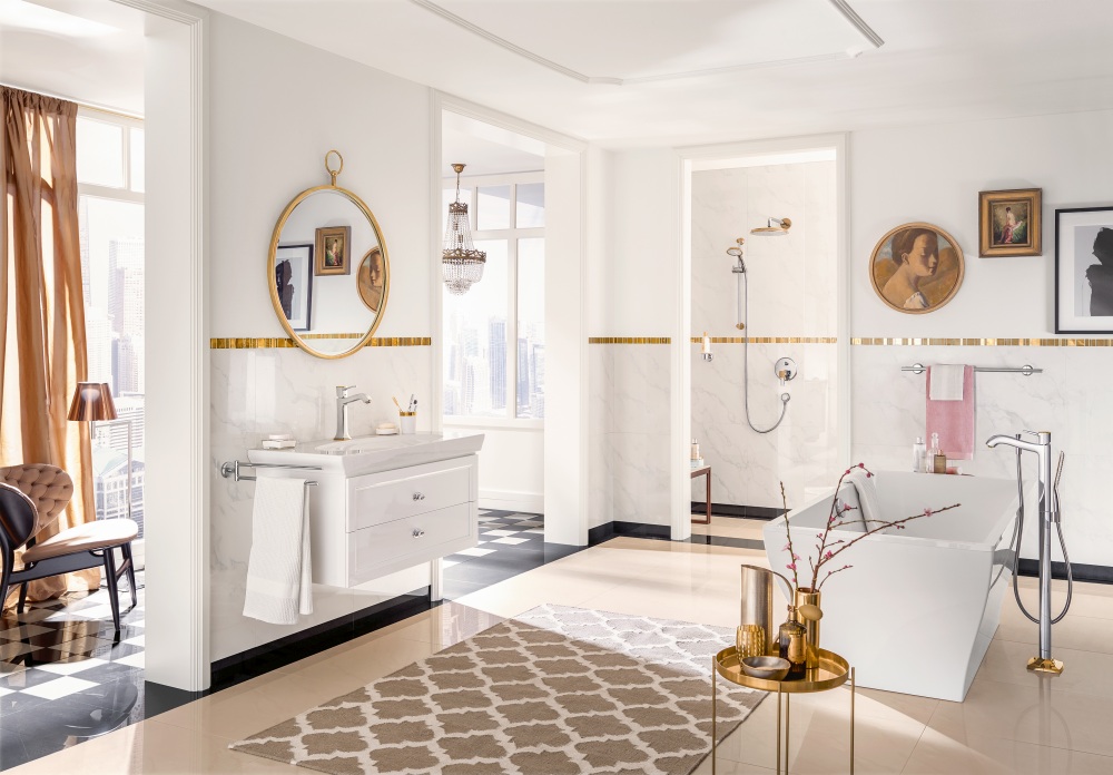 łazienka w kolorze złota, złote ozdoby do łazienki, łazienka ze złotym dekorem